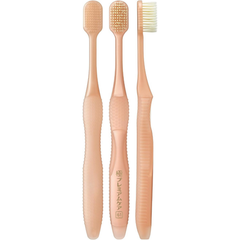Side and front view of EBiSU KIWAMI Premium Care #61 Japanese toothbrush showing soft wide head bristles and ergonomic handle design