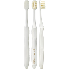 EBiSU KIWAMI Premium Care Fluffy N61 Japanese toothbrush shown from front, back, and side, featuring soft bristles and ergonomic handle design