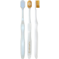 EBiSU PREMIUM CARE 6-row regular head Japanese toothbrush #61 shown from front, back and side, soft bristles, made in Japan