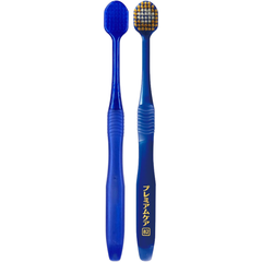 Front and back view of EBiSU Premium Care #82 Japanese toothbrush with 7-row wide head and medium bristles, made in Japan