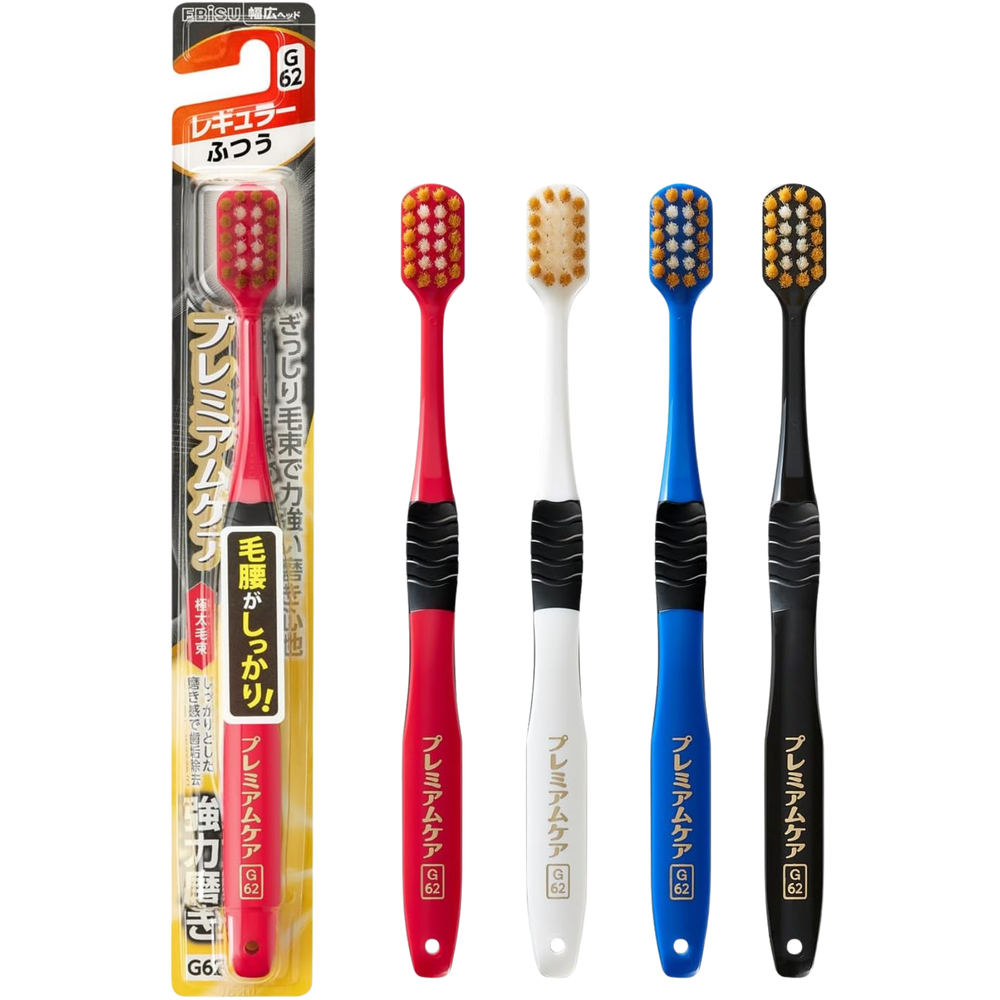 EBiSU Premium Care Select G62 Japanese toothbrush with wide head and firm bristle bundles for strong polishing and effective plaque removal