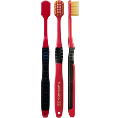EBiSU Premium Care Select G62 Japanese toothbrush showing front, back and side views of the handle and wide head designed for strong polishing