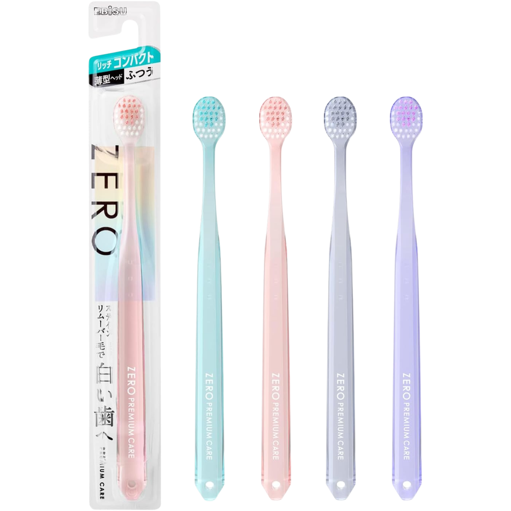 EBiSU ZERO PREMIUM CARE Rich Compact toothbrush (Medium) shown with packaging and multiple colour options, made in Japan