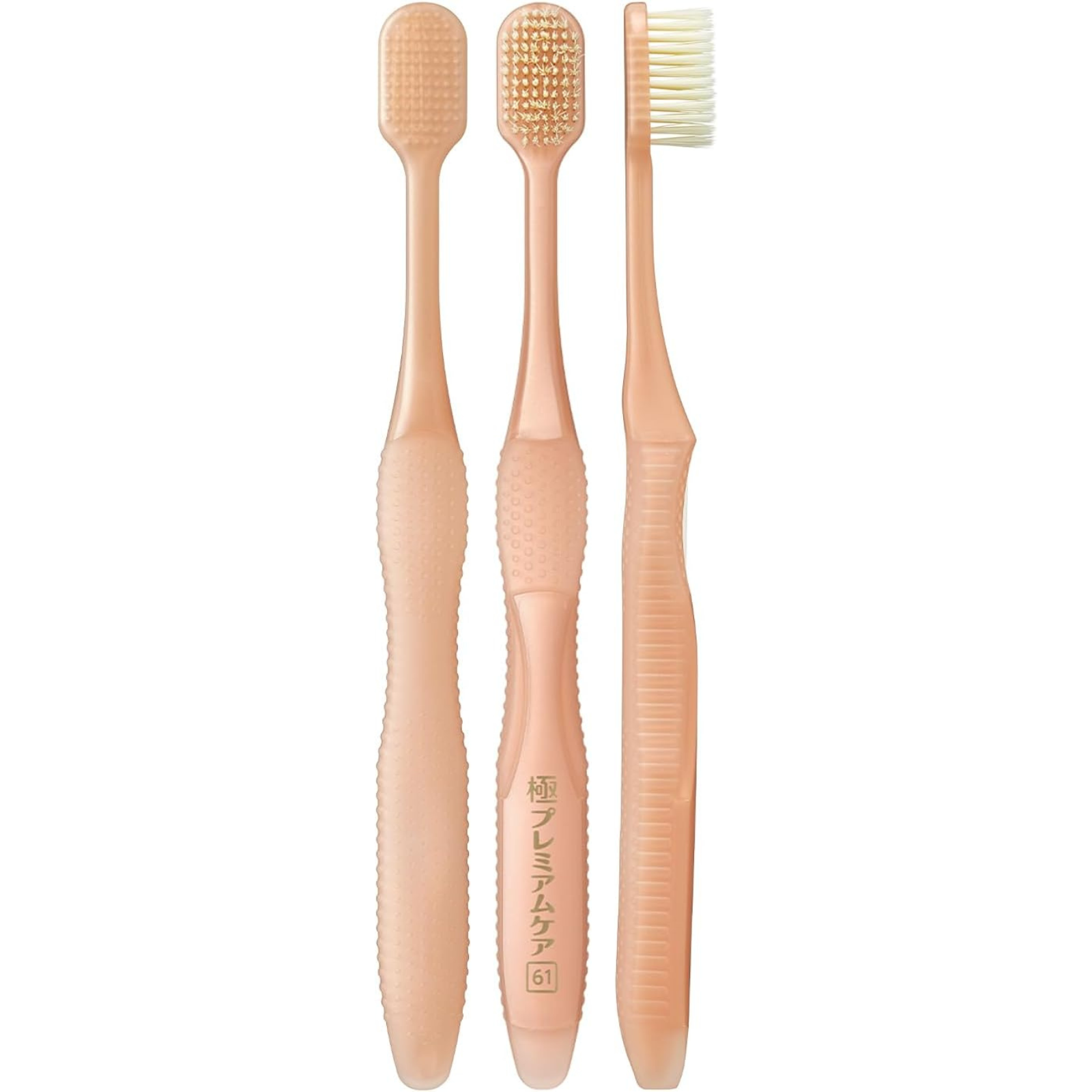 Side and front view of EBiSU KIWAMI Premium Care #61 Japanese toothbrush showing soft wide head bristles and ergonomic handle design