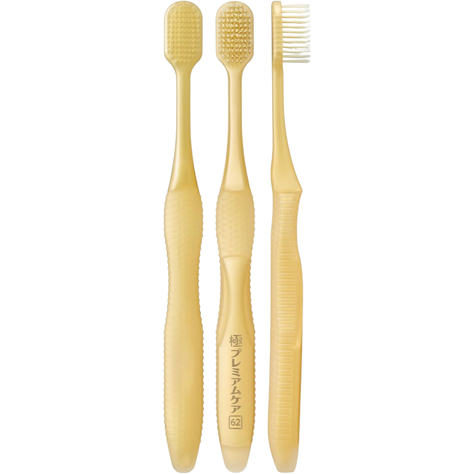 EBiSU KIWAMI Premium Care #62 Japanese toothbrush with medium bristles, showing full side and front view design for precise gum care, made in Japan.