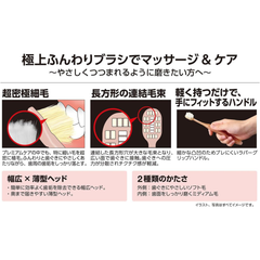 Illustration of EBiSU KIWAMI Premium Care Fluffy N60 N61 Japanese toothbrush features showing ultra-fine dense bristles, rectangular tuft layout, wide thin head, and ergonomic grip handle
