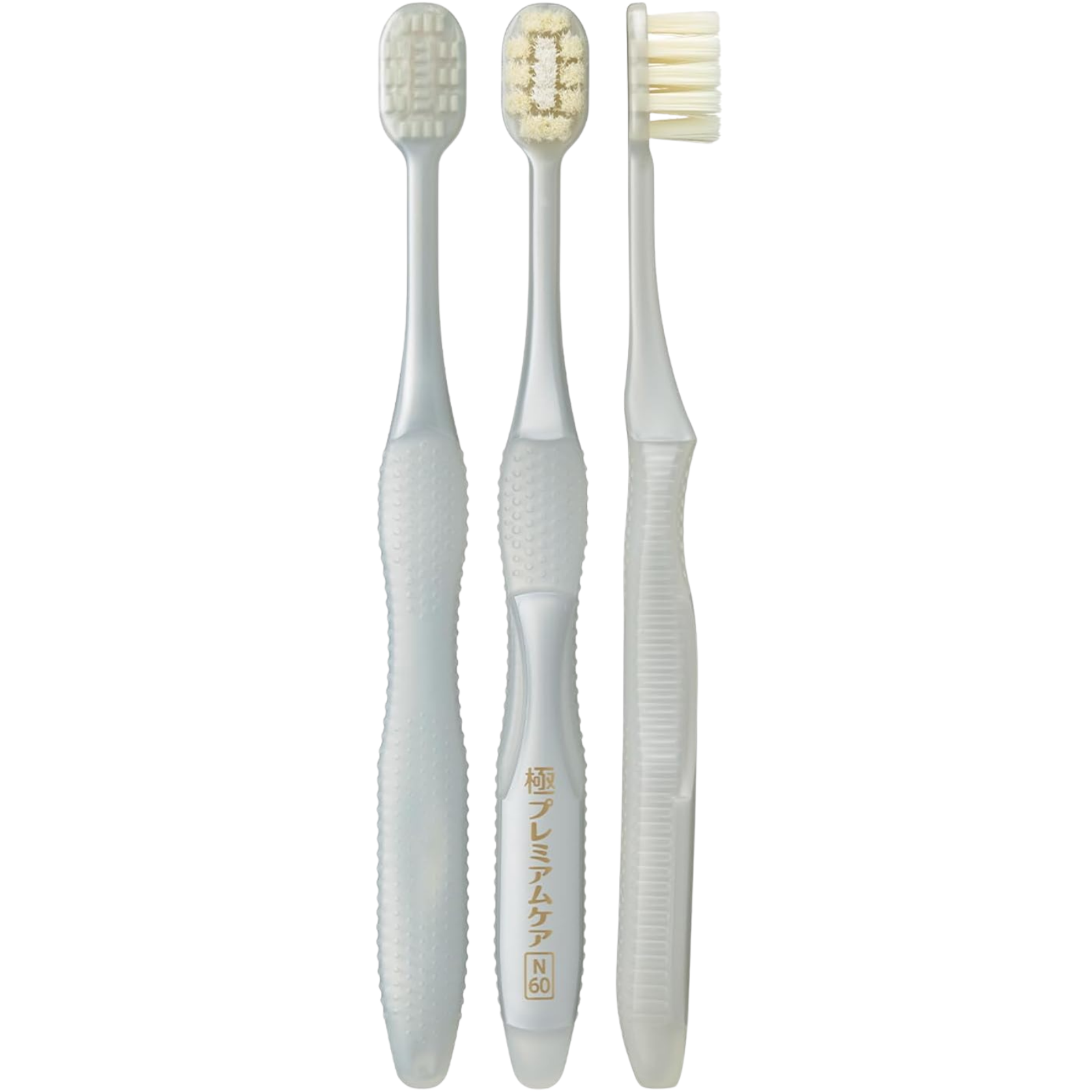 EBiSU KIWAMI Premium Care Fluffy N60 Japanese toothbrush showing front and side view, ultra-soft wide head bristles, Made in Japan