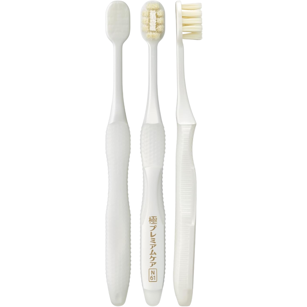 EBiSU KIWAMI Premium Care Fluffy N61 Japanese toothbrush shown from front, back, and side, featuring soft bristles and ergonomic handle design