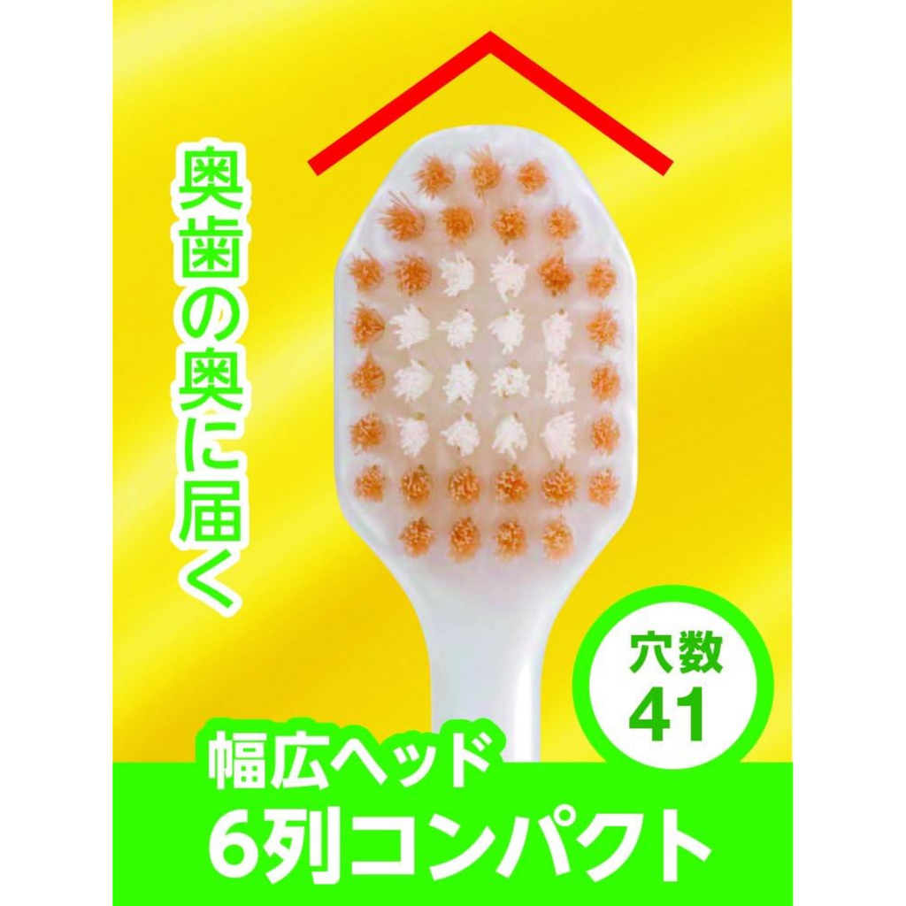 Close-up of EBiSU PREMIUM CARE compact wide head toothbrush showing 6-row brush head with 41 holes