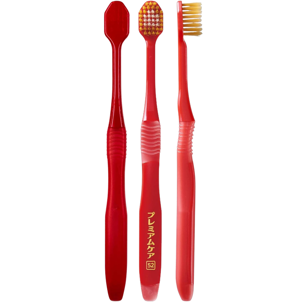 EBiSU PREMIUM CARE 6-row compact Japanese toothbrush #52 showing front, back and side views with medium bristles, made in Japan
