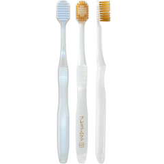 EBiSU PREMIUM CARE 6-row regular head Japanese toothbrush #61 shown from front, back and side, soft bristles, made in Japan