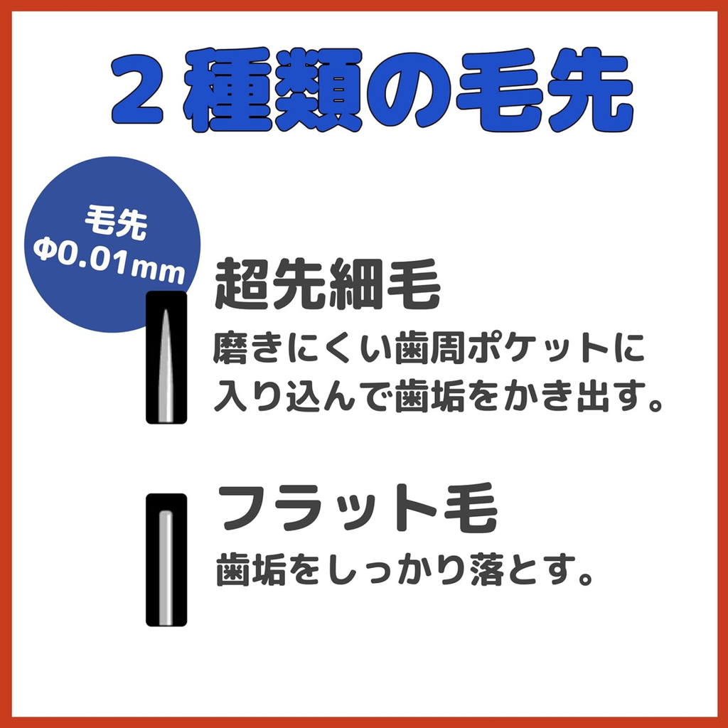 Dual bristle Japanese toothbrush with ultra-fine 0.01mm bristles for gum pockets and flat bristles for plaque removal