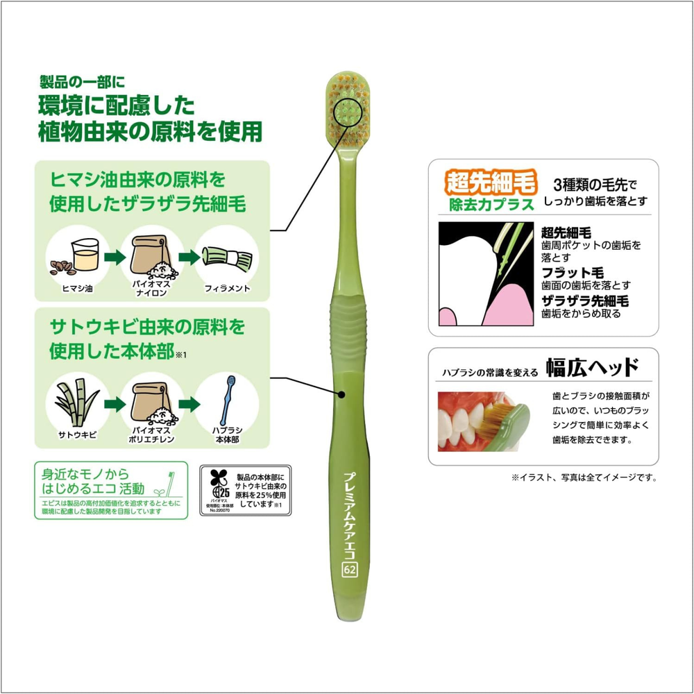 EBiSU PREMIUM CARE ECO #62 Japanese toothbrush showing regular head design, medium bristles, triple bristle structure and plant-based eco materials, Made in Japan