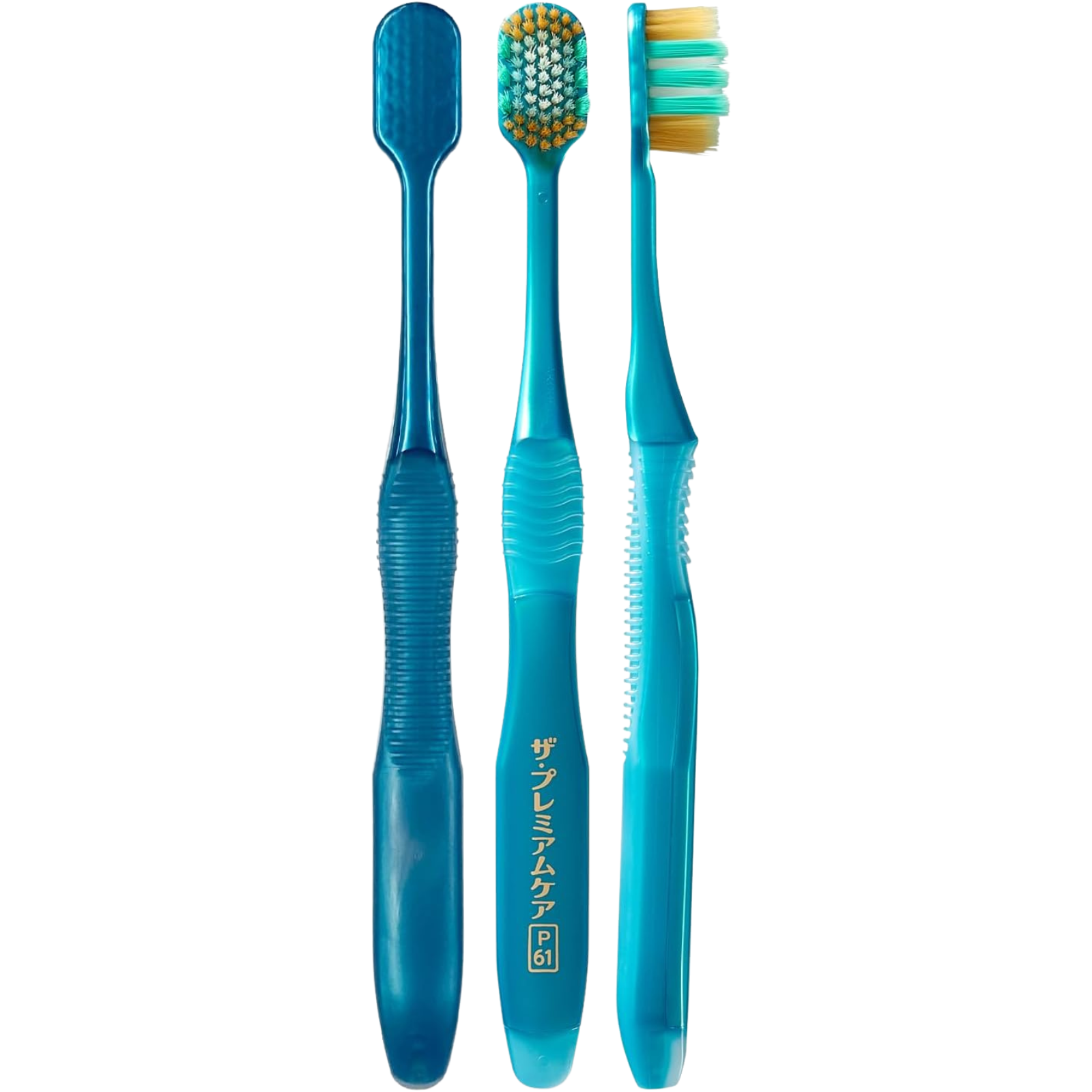 EBiSU THE PREMIUM CARE SELECT Gum Pocket Plus P61 Japanese toothbrush, front back and side views with soft ultra-fine bristles; Made in Japan, available in the UK