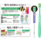 Diagram explaining the EBiSU Premium Care Select J12 Japanese toothbrush with 5-row compact head, showing plaque removal bristles and slim head design for effective gum care
