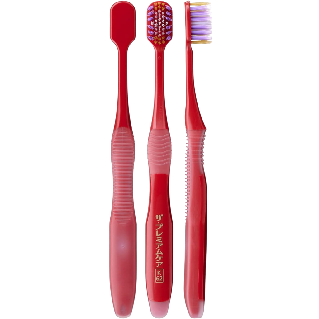 EBiSU Premium Care Select K62 Japanese toothbrush with medium gum massage bristles, front back and side views