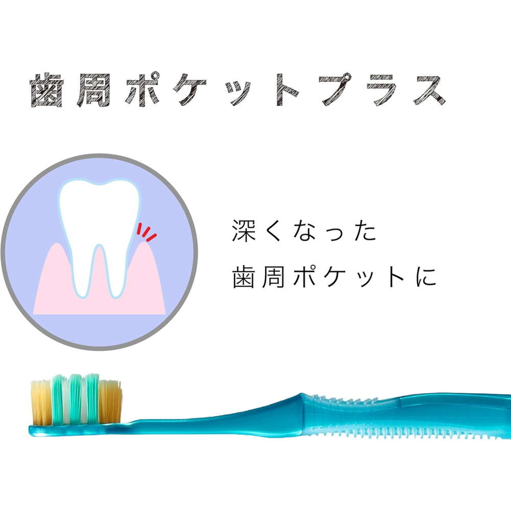 Illustration of EBiSU THE PREMIUM CARE SELECT toothbrush designed for gum pocket care, reaching deep periodontal pockets to gently remove plaque and support healthy gums, Made in Japan and available in the UK