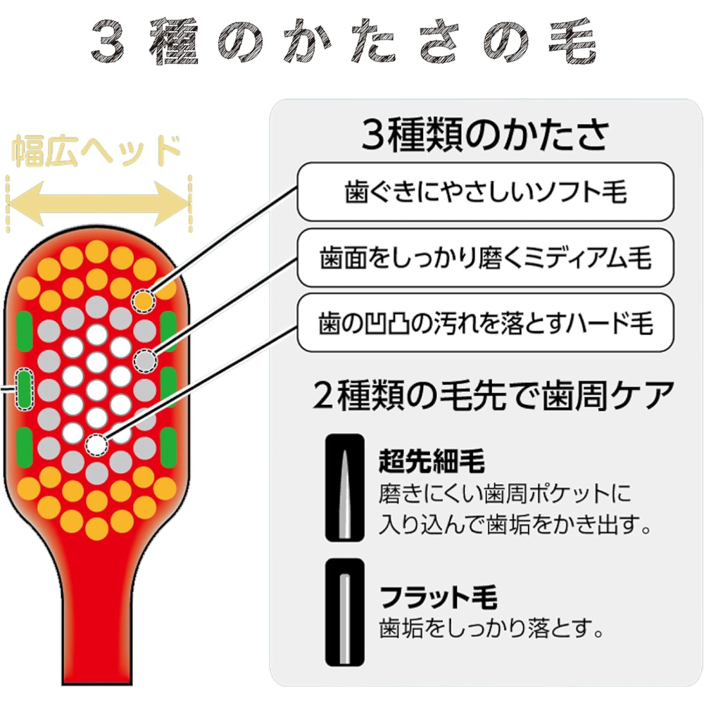 Illustration of EBiSU THE PREMIUM CARE SELECT toothbrush showing triple bristle hardness and dual-tip design for effective gum care and plaque removal, Made in Japan and available in the UK