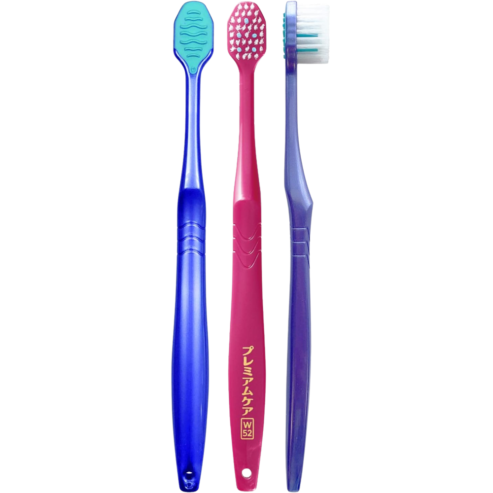 EBiSU PREMIUM CARE SELECT W52 Japanese toothbrush showing compact head, whitening bristles, tongue cleaner and side profile, made in Japan