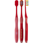 EBiSU Sukima Plus T61 Japanese toothbrush shown from front, back and side, featuring a wide regular head with soft bristles