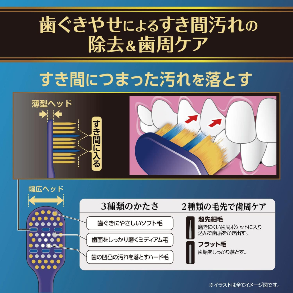 Diagram showing the bristle structure of the EBiSU Sukima Plus T61 T62 Japanese toothbrush, designed to reach narrow gaps and support gentle gum care