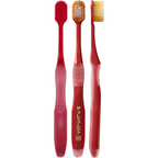 EBiSU THE PREMIUM CARE 7-Row Regular #60 Ultra Soft Toothbrush｜Japanese toothbrush in red colour showing front, back and side views with 7-row 65-tuft bristles｜Made in Japan, available in the UK