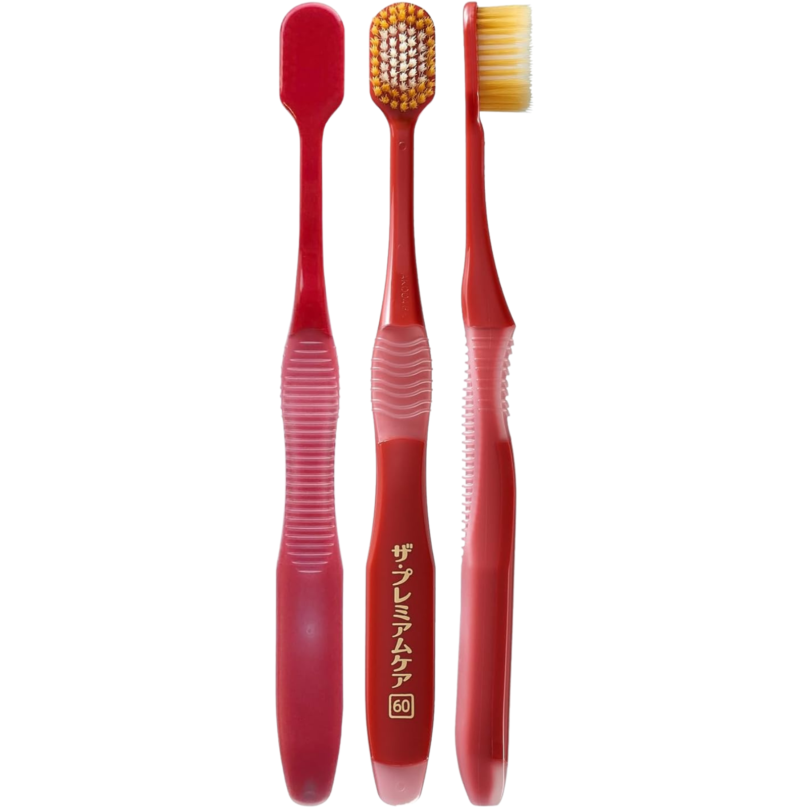 EBiSU THE PREMIUM CARE 7-Row Regular #60 Ultra Soft Toothbrush｜Japanese toothbrush in red colour showing front, back and side views with 7-row 65-tuft bristles｜Made in Japan, available in the UK