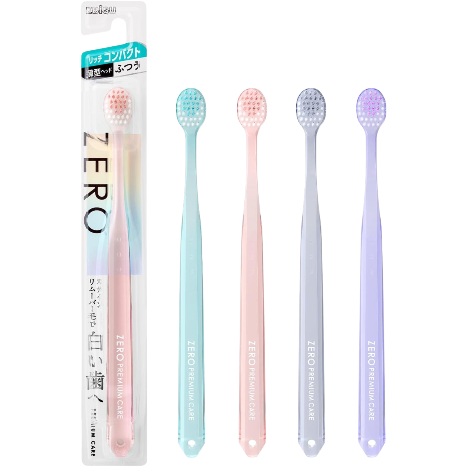 EBiSU ZERO PREMIUM CARE Rich Compact toothbrush (Medium) shown with packaging and multiple colour options, made in Japan