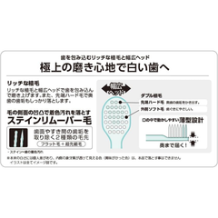Diagram showing bristle structure and wide head design of EBiSU ZERO PREMIUM CARE Rich Compact toothbrush