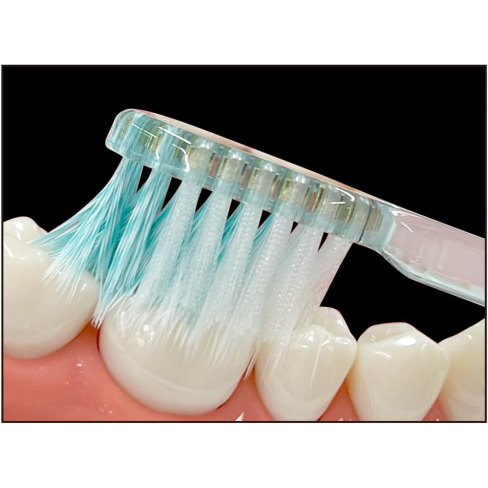 Close-up of EBiSU ZERO PREMIUM CARE Japanese toothbrush bristles gently cleaning teeth