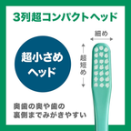 Diagram showing GUM Japanese toothbrush with 3-row ultra compact head, designed for easy access to back teeth and inner tooth surfaces