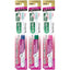 Front view of GUM Haguki Labo #588 Japanese toothbrush packaging, 4-row compact head, medium bristles, shown in three handle colours